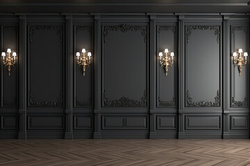 empty classic room with black wood wall and wooden floors