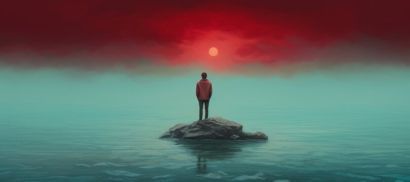 Man alone with the sea, lonely, depression, sad, surreal painting illustration, artwork, Generative AI