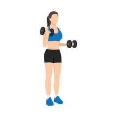 Woman doing Half static Dumbbell bicep curls exercise. Flat vector illustration isolated on white background