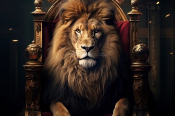 Royal lion sitting on a throne, closeup. Generative AI - obrazy, fototapety, plakaty