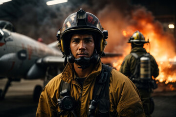 Fototapeta premium Close-up portrait of a male firefighter wearing a uniform and helmet against the background of a burning plane.