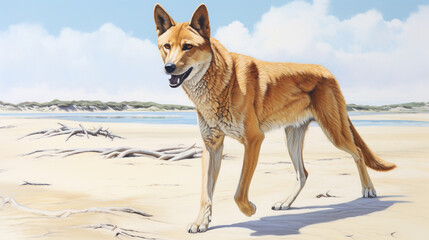 Dingo at Fraser Island walking on the beach. generative ai - obrazy, fototapety, plakaty