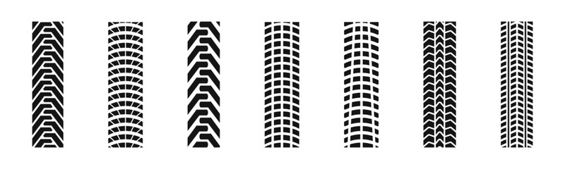 Car tire tracks. Tire tracks silhouettes. Car tire patterns, wheel tyre tread track. Tyre print. Dirty tires tracks - obrazy, fototapety, plakaty