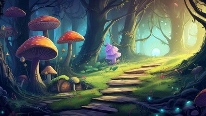 Digital fantasy forest landscape illustration with magic trees, mushrooms, concept art style painting with nature, outdoor fairy tale drawing. Summer village artwork with wonderful, Generative AI - obrazy, fototapety, plakaty