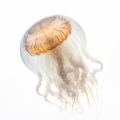 Disc jellyfish, Sanderia malayensis, swimming against white background. generative ai
