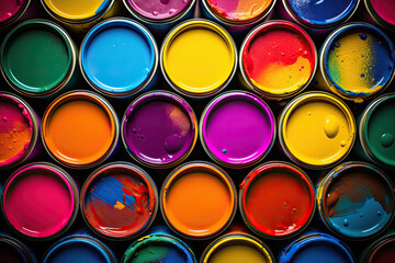 top view many paint colors in a cans