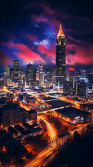 Fototapeta na wymiar drone photo of traffic and city skyline at night