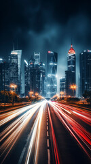 Fototapeta na wymiar drone photo of traffic and city skyline at night, vertical orientation 