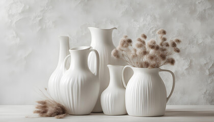 Fototapeta na wymiar white ceramic vase on the table with dried flowers.