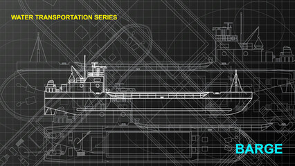 Barge or Landing Craft Tank model. Line art sketch wallpaper of water transportation series. Drafting art. Grid lines drawing against dark background.  - obrazy, fototapety, plakaty