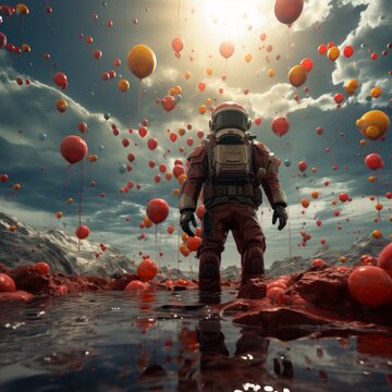 a astronaut standing in water surrounded by balloons