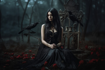 lady in black dress sitting in dark forest with raven and red roses - obrazy, fototapety, plakaty
