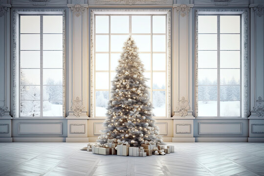 Fototapeta christmas tree in a room with windows. christmas home interior