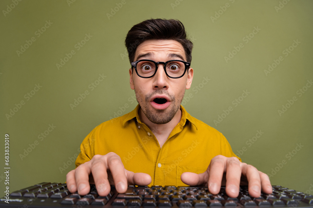 Aufkleber photo of excited nice man coder administrator wear yellow stylish clothes hands touch keypad buttons