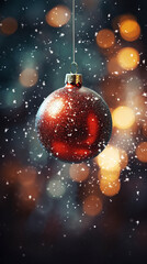 Obraz na płótnie Canvas red christmas ball ornament on dark snowy background with glitter and golden warm lights, vertical orientation 