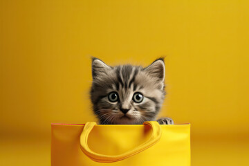 cute kitten in yellow shopping bag on yellow background
