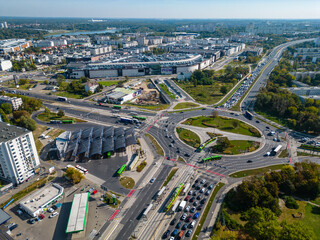 Aerial landscape of Rataje roundabout, bus depot and shopping mall, Poznan.