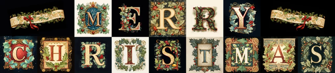 Fotobehang Merry Christmas wide banner with capital letters in the style of an illuminated manuscript. Festive greeting with ribbon scroll detail. © Rixie