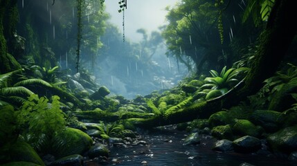 Realistic rain forest depicted in an artistic way with a tiny cascade - Powered by Adobe