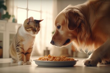 Retriever dog and cat eating from one plate. Cute indoor pets meal feeding time. Generate ai