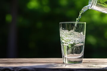Aquatic elegance. Refreshing transparent water pouring from jug into glass on wooden table ideal for health and lifestyle concept. Pure hydration. Clear cascading into capturing of healthy living