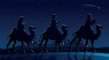 Christmas Nativity Scene - Three Wise Men in the desert at night - obrazy, fototapety, plakaty