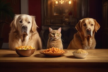 Retriever dogs and cat eating time. Domestic indoor pets with feeding bowls on table. Generate ai