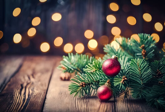 Christmas-themed image with a brown wooden background, pine branches, red ornaments.