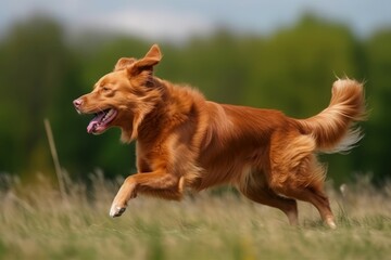 Retriever ginger dog running fast in green field. Jumping domestic dog active recreation time. Generate ai