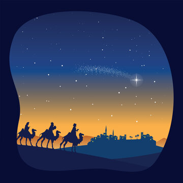 Christmas Nativity Scene - Three Wise Men go to Bethlehem in the desert at night