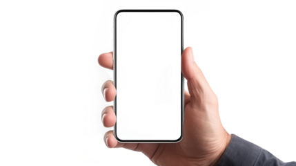 70 years old Mans Hand holding smartphone Mockup with blank screen. Isolated on Transparent background.
