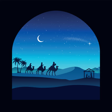Christmas Nativity Scene - Three Wise Mens go to the stable in the desert