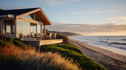 Fototapeta na wymiar A coastal beach house, with ocean views as the background, during a tranquil morning