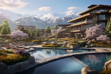 A luxury spa resort with thermal pools and a serene mountain backdrop.