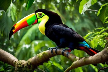 keel billed toucan ramphastos sulfuratus birds with big bill sitting on branch in the forest costa rica nature trevel in central america beautiful bird love in nature habitat - obrazy, fototapety, plakaty