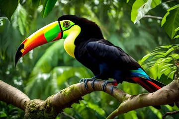 Photo sur Plexiglas Toucan keel billed toucan ramphastos sulfuratus birds with big bill sitting on branch in the forest costa rica nature trevel in central america beautiful bird love in nature habitat