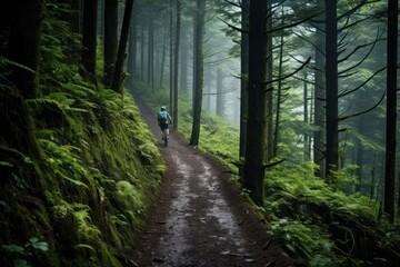A scenic mountain biking trail through a lush forest.