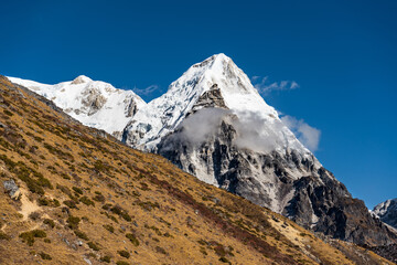 Beautiful Himalayan Landscape with Snow capped Mountains in Kanchenjunga Base Camp Trekking in Nepal