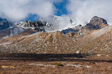 Beautiful Himalayan Landscape with Snow capped Mountains in Kanchenjunga Base Camp Trekking in Nepal