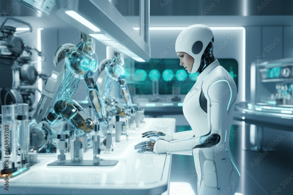 Poster artificial intelligence humanoid robot assisting in a futuristic laboratory.