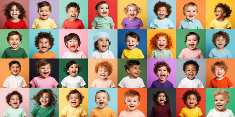 Collection of young laughing children or kids and babies background panorama group of multicultural people - obrazy, fototapety, plakaty