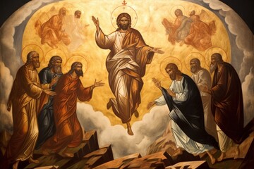 An icon of the Transfiguration of Jesus, symbolizing his divine glory revealed to his apostles. - obrazy, fototapety, plakaty
