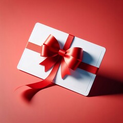 Blank sweet white gift card or gift voucher with red ribbon and bow isolated on red color background with shadow minimal conceptual 3D rendering created with generative ai