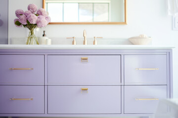 An elegant bathroom with a purple cabinet vanity.