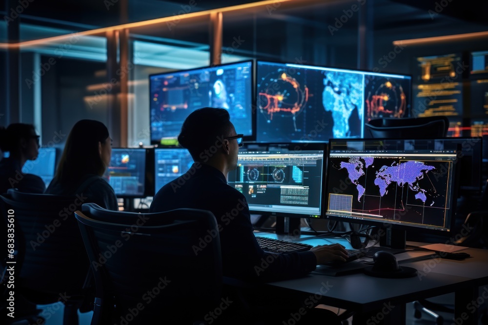 Aufkleber cybersecurity professionals working in a high-tech network operations center.