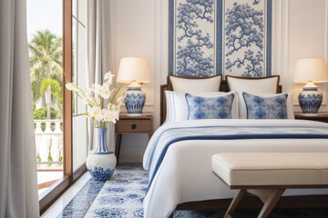 Timeless elegance meets modern vibes in a blue and white bedroom with traditional Asian motifs. Indigo and brown hues create a blend of vintage and contemporary artistry.