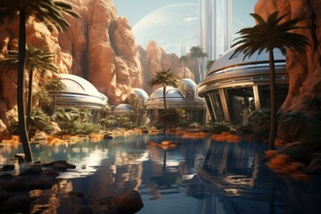 Desert oasis with futuristic technology and renewable energy sources