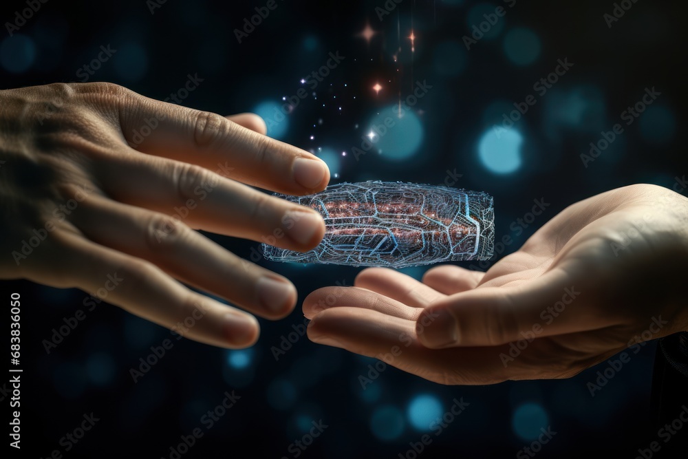 Poster hand interacting with futuristic ai interface, machine learning and technology concept