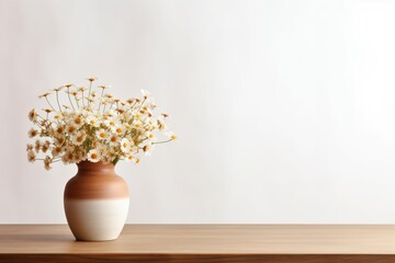 Wooden table with beige clay vase with bouquet of chamomile flowers near empty, blank white wal