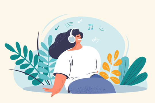 Smiling young woman wearing headphones. Happy girl listens to music, audiobook, podcast, lesson. Against background botanical composition. Vector flat illustration
